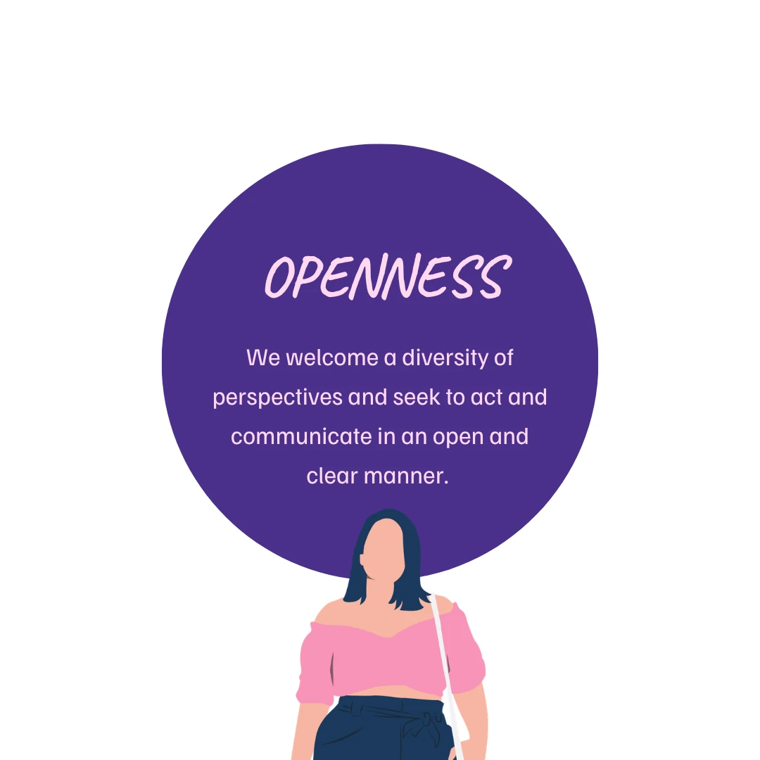 Our values. Openness, we welcome a diversity of perspectives and seek to act and communicate in an open and clear manner.